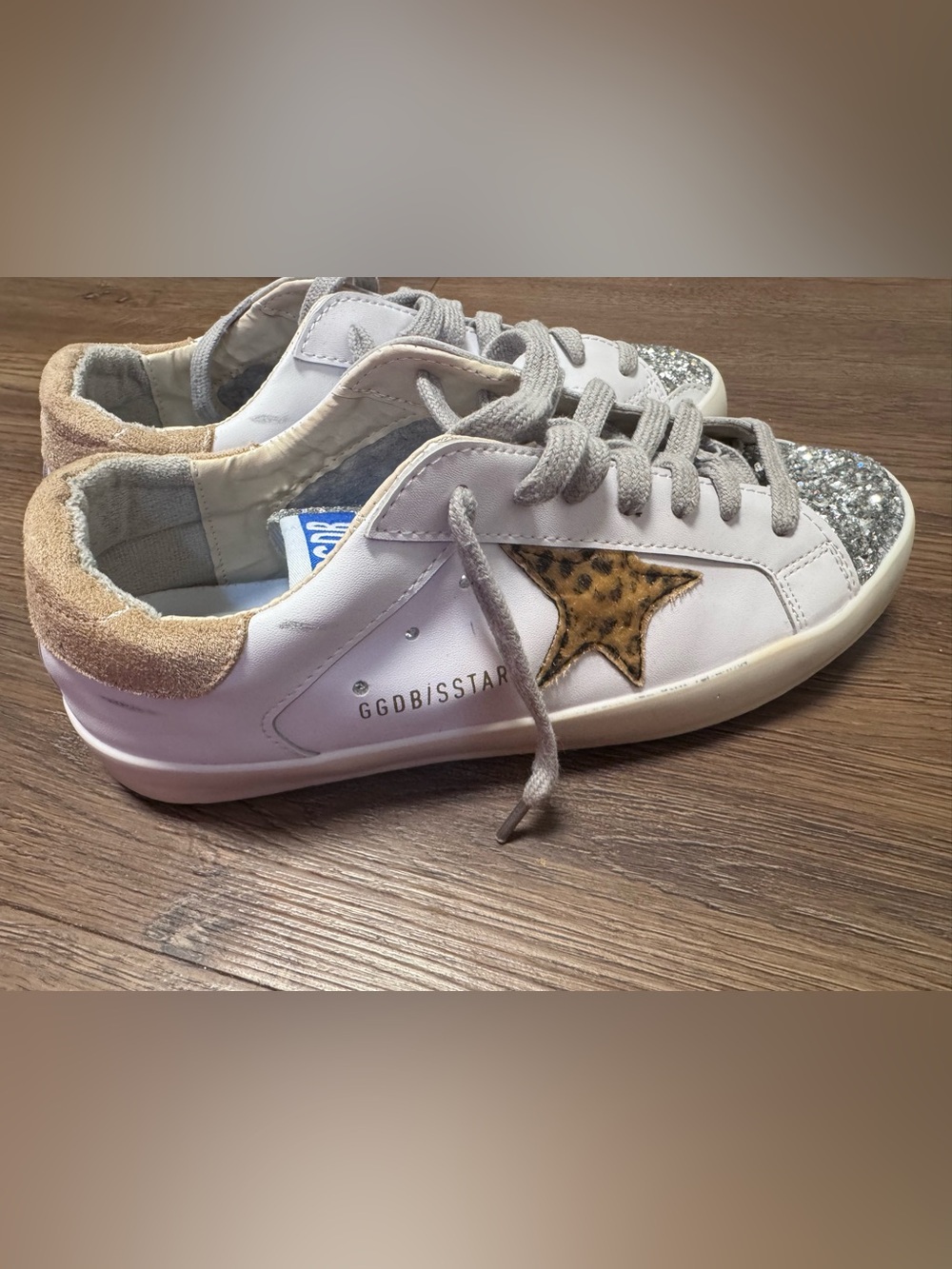 Leather Sneakers with Leopard Star and Glitter Toe